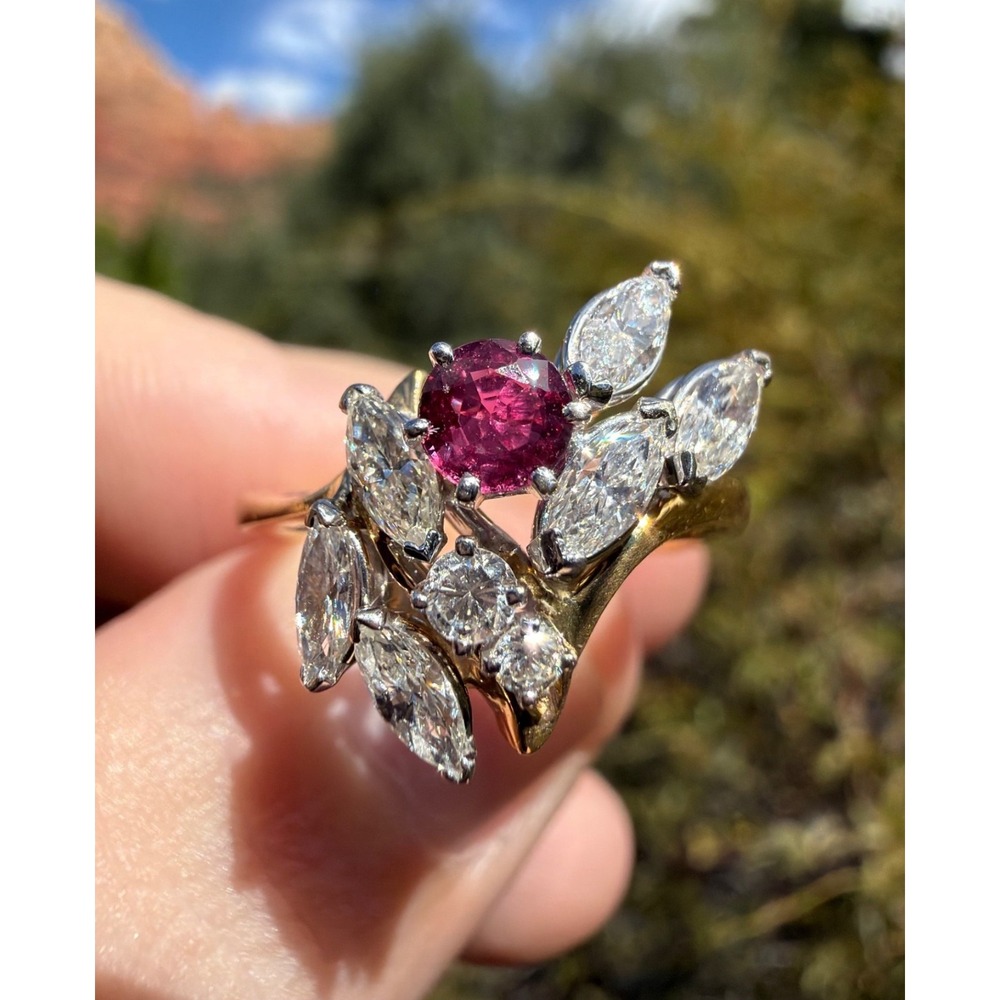 Vintage 14k Solid Yellow Gold Natural Ruby & Marquie Round Diamond Ring - Size 8